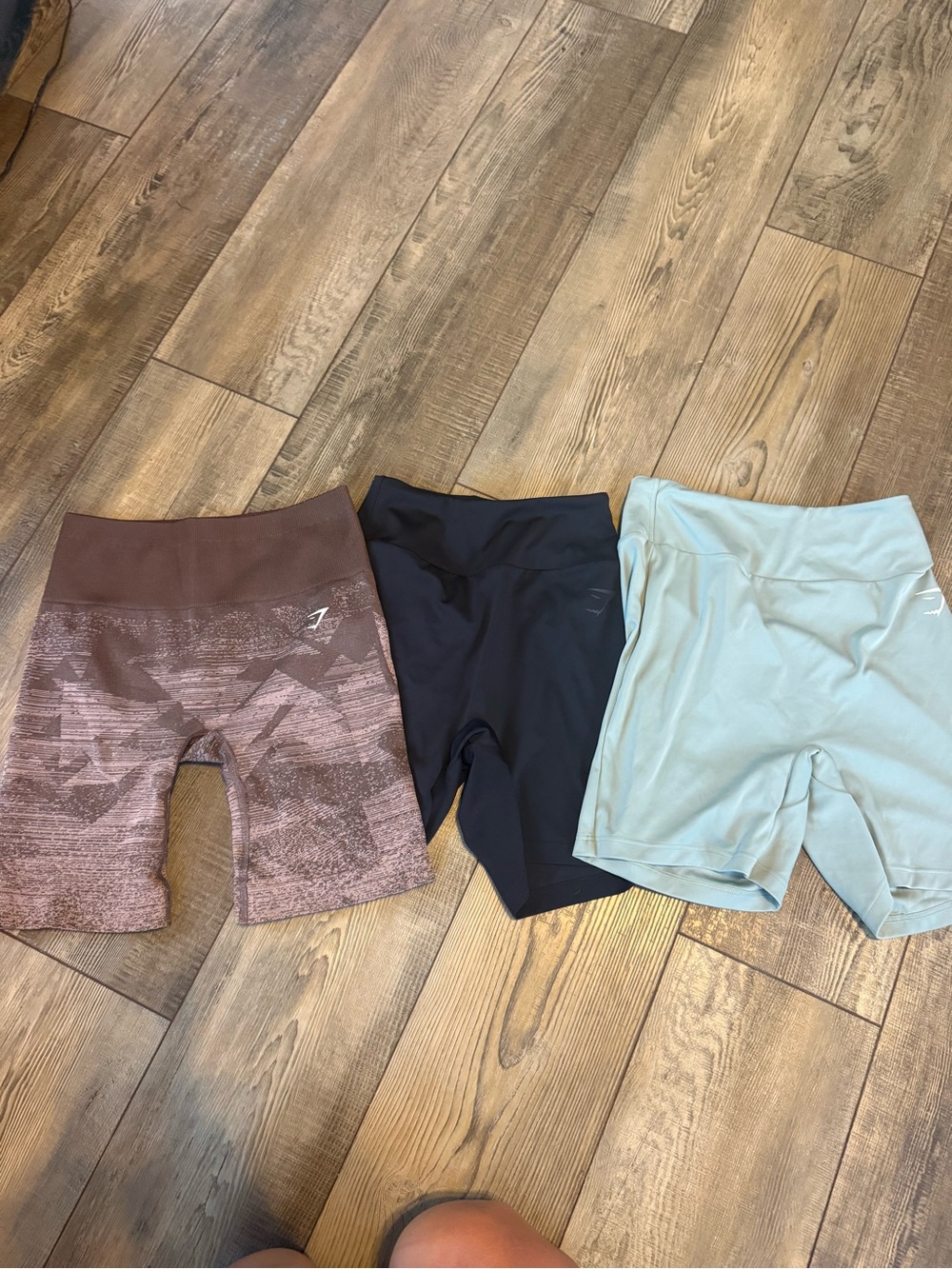 Gymshark Women’s Bike Shorts Trio - Brown, Black, Sage.